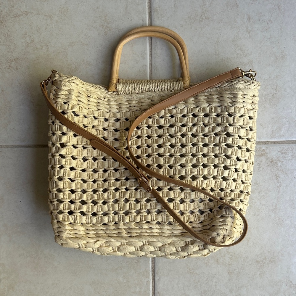Woven Cream Tote Bag with Tan Strap